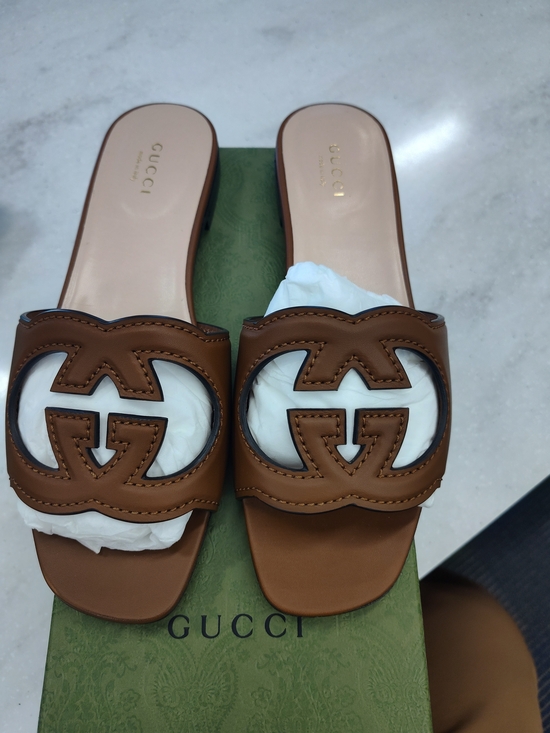 Gucci Shoes - Gucci Brown Leather GG Cutout Slide Sandals